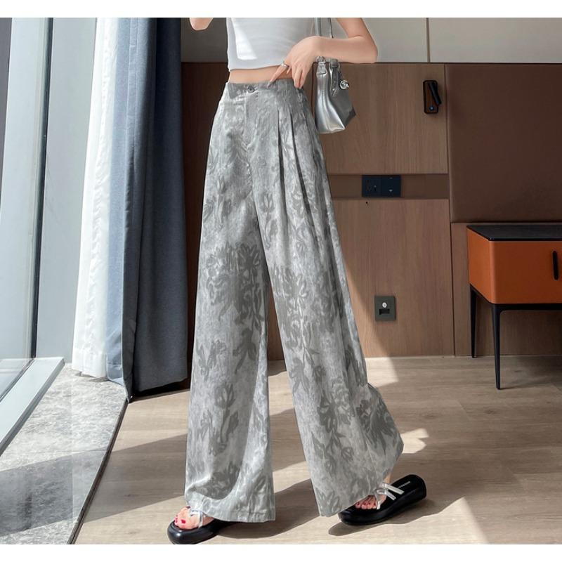 Pantaloni de vară pentru femei, imprimeu vintage, in subțire, talie înaltă, picior larg, cu buzunar