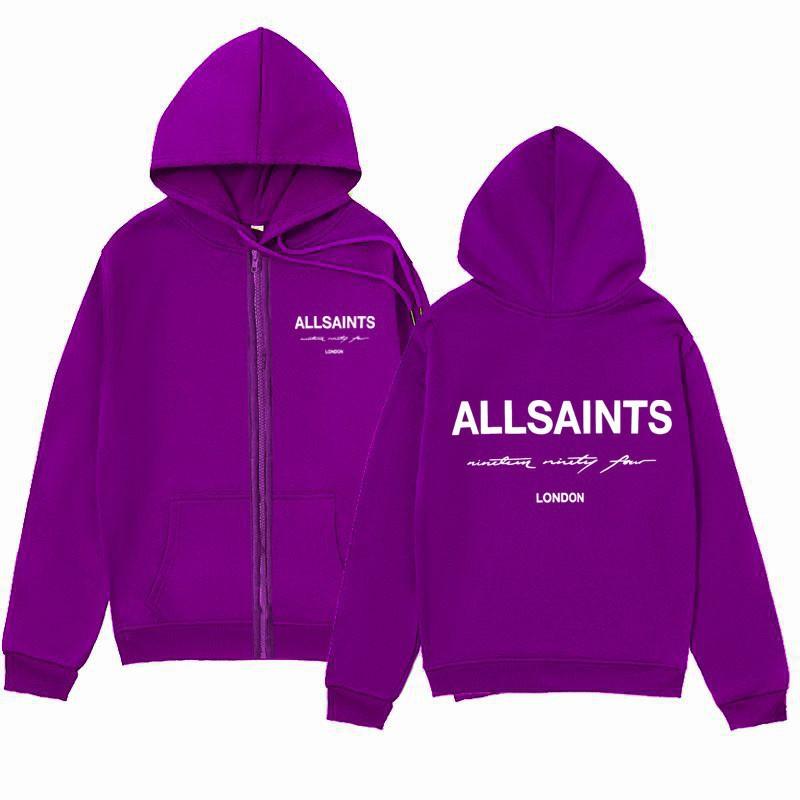 ALLSAINTS Letter Print Zip Up Hoodie Loose Drop Shoulder Casual Sweatshirt Men Women