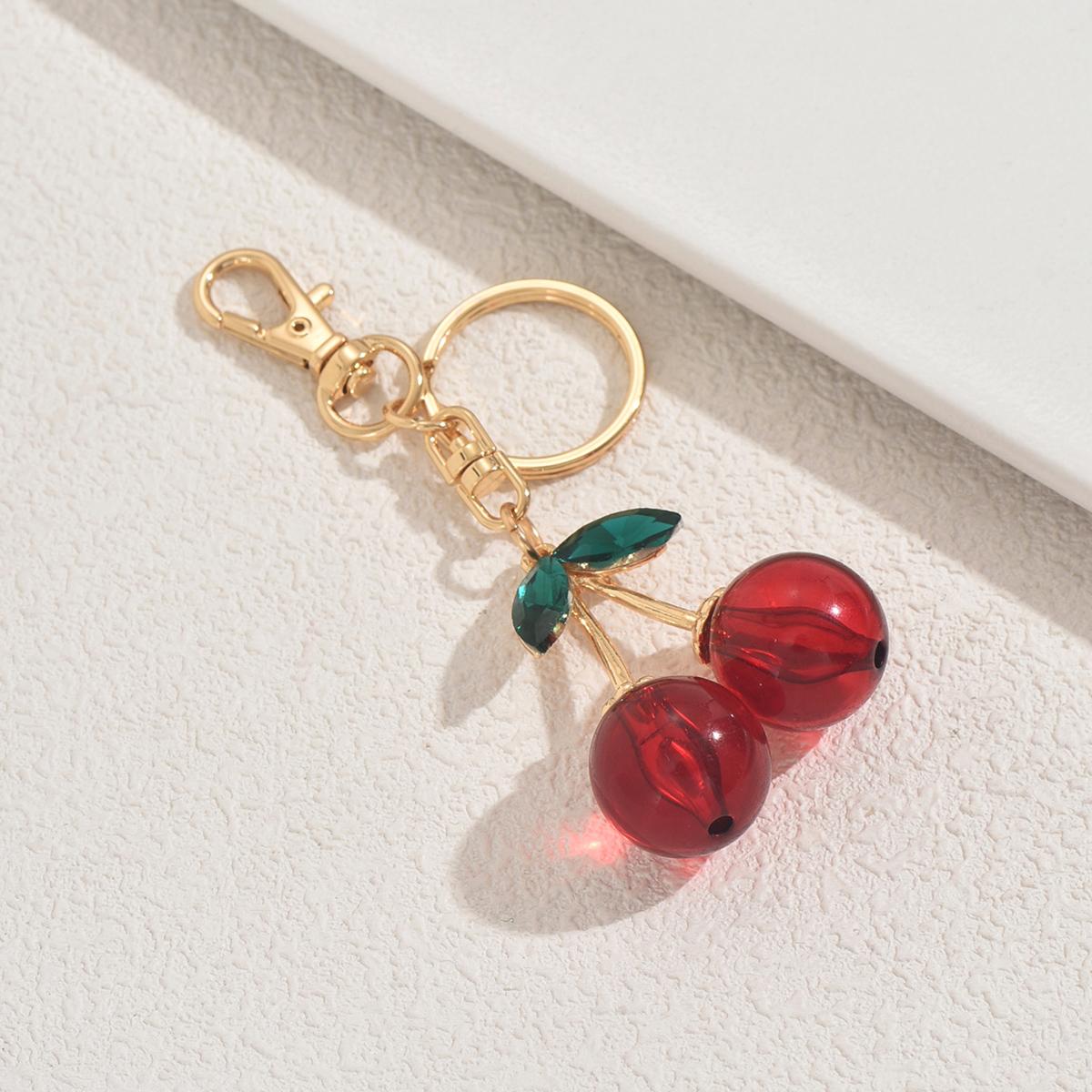

Sweet Cherry Keychain With Green Rhinestone Leaves Gold Color Keychain For Gift - giving Occasions