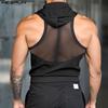 INCERUN Men Summer Sleeveless Zipper Back Mesh Patchwork Fitted Hooded Tank Tops 