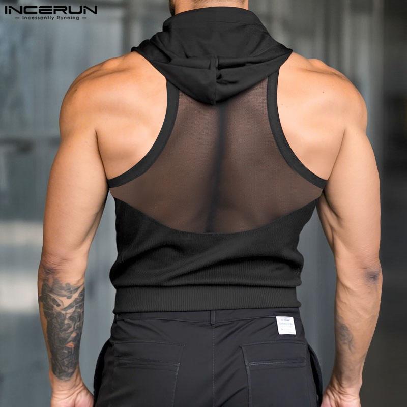 INCERUN Men Summer Sleeveless Zipper Back Mesh Patchwork Fitted Hooded Tank Tops 