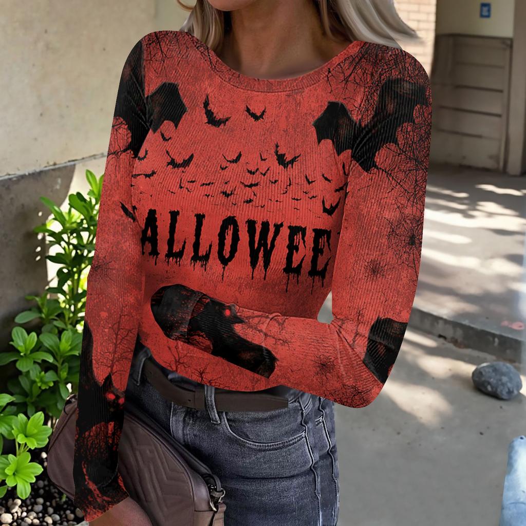 Women Casual Long Sleeve Ribbed Top Halloween Print Pullover Crew Neck Stretchy Slim Fit Shirt for Daily Wear