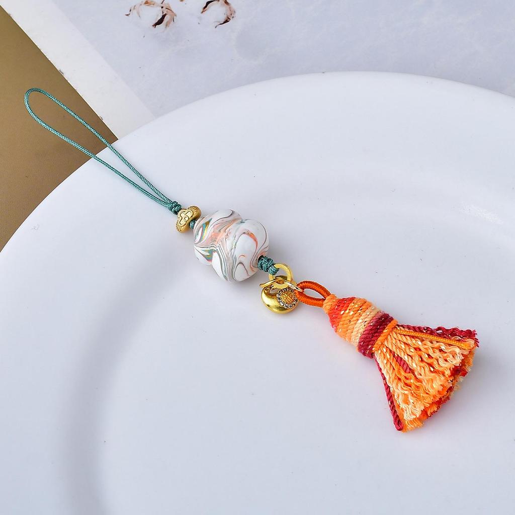 Chinese Ink Wash Lacquer Gourd Tassel Pendant Hand-woven Phone Lanyard with Song Brocade Bag Charm – Intangible Cultural Heritage