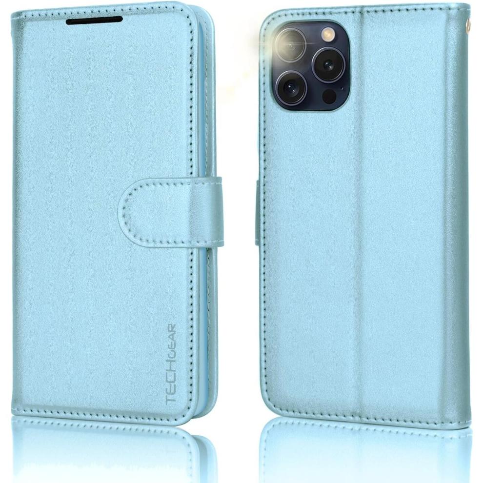 iPhone 15 Pro Max Leather Wallet Case, Flip Protective Case Cover with Wallet Card Holder, Stand and Wrist Strap PU Leather Case