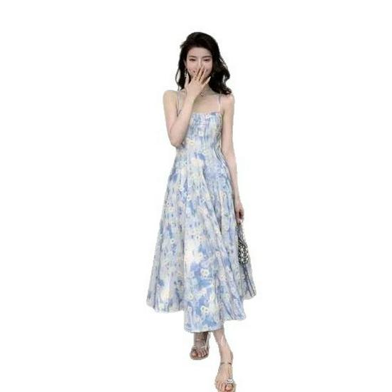 French Blue Floral Strappy Maxi Dress - Elegant Summer Beachwear