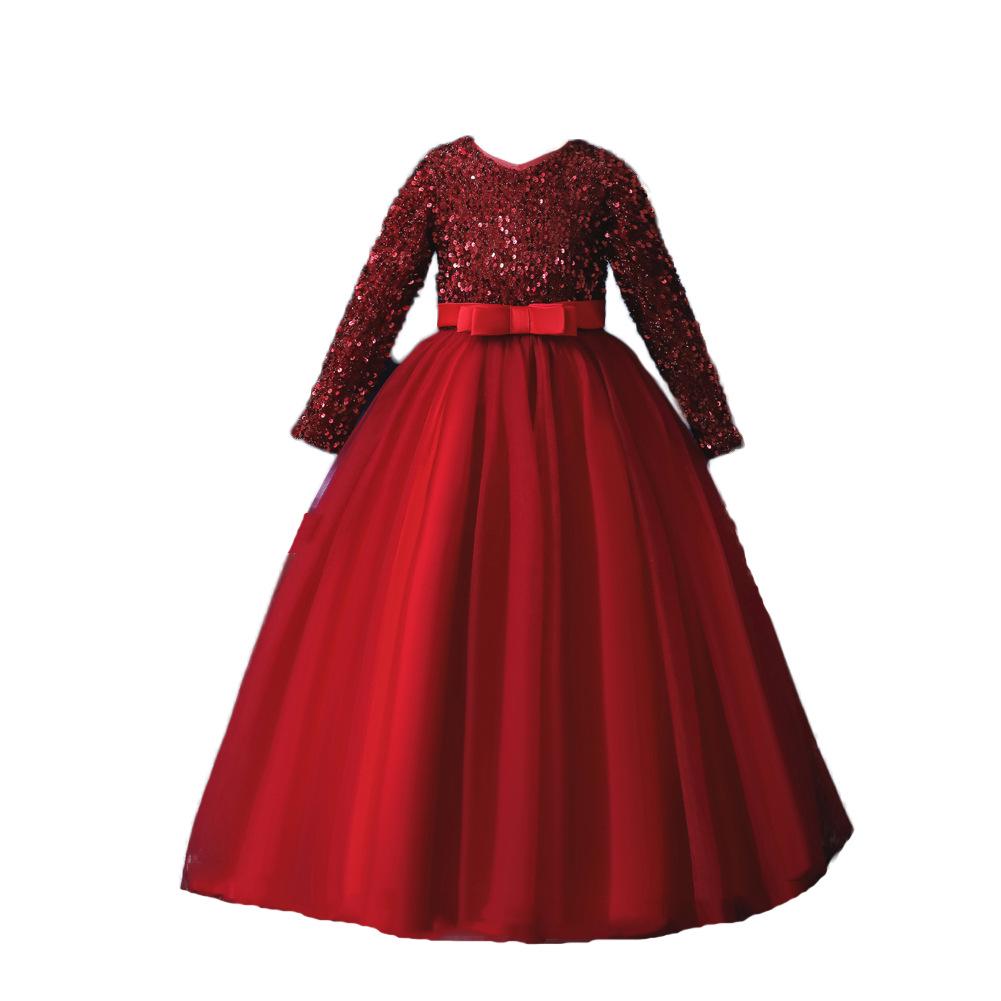Red Sequined Long Evening Dress with Bowknot & Mesh Sleeves - Wedding & Princess Style.