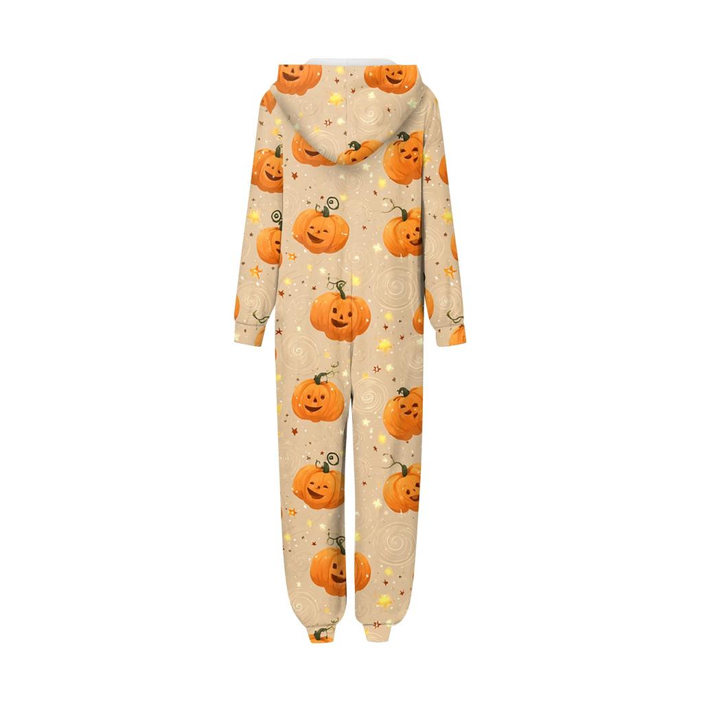 Halloween Print Family Matching Hooded Long Sleeved Zippered Jumpsuit Set