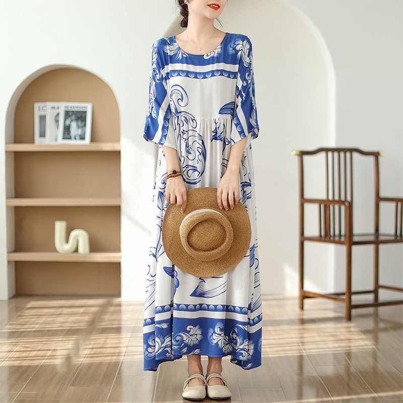 

Литературный Ретро Отпускной Стиль Путешествия Плюс Размер Прикрытие Телесного Цвета Тонкое Платье One Size