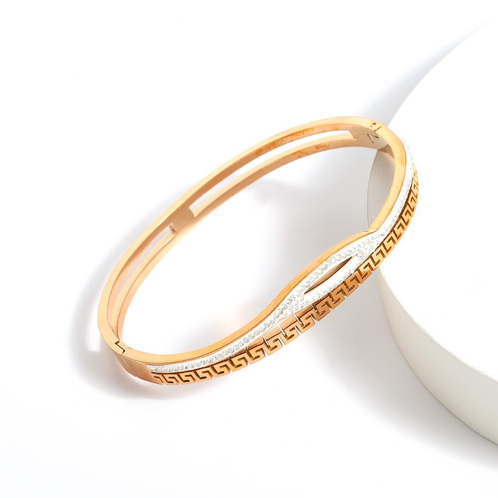 Европейский Хит Продаж Элегантный Женский Браслет-Браслет из Титановой Стали с Алмазами и Узором Меандр розового золота