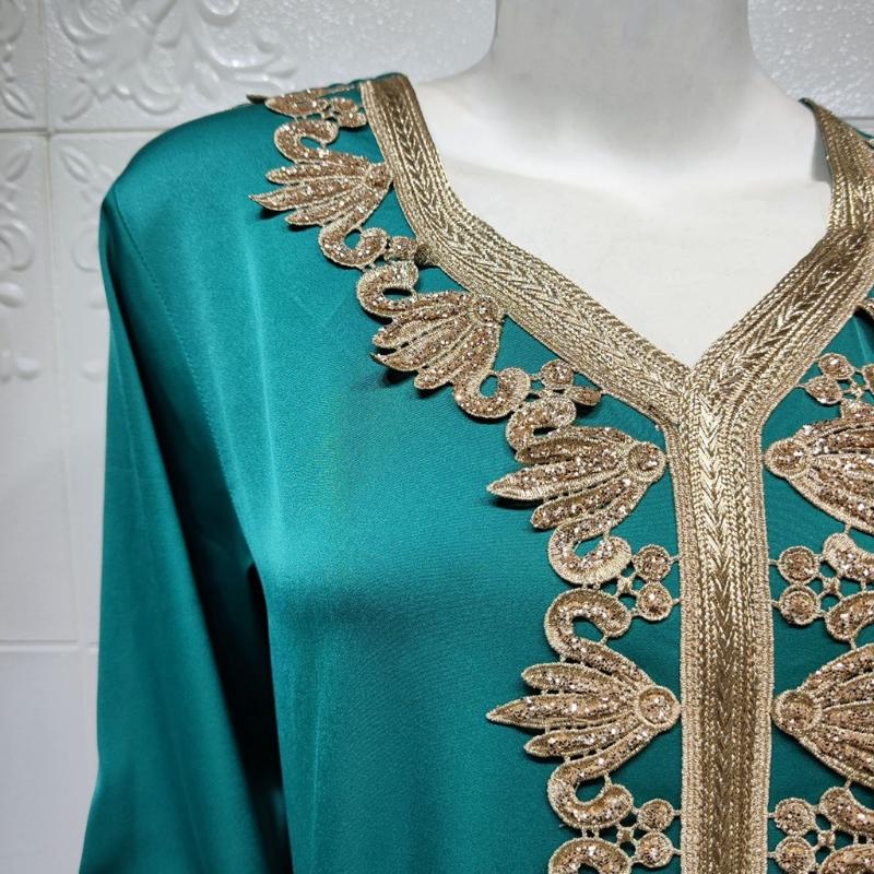 Ramadan Muslim Gold Embroidery Dresses Abayas Dubai Casual Kaftan Robe Ethnic Costumes with Long Sleeve for Womens