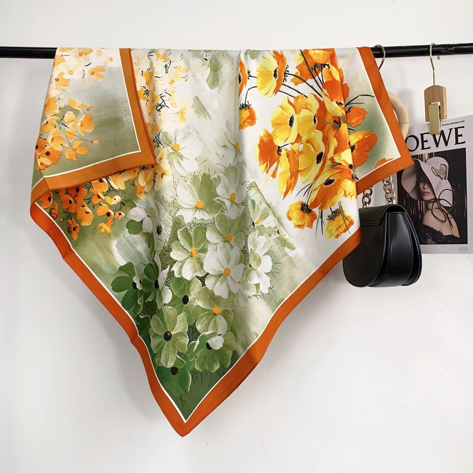 Vintage floral print 90 silk scarf twill spring and summer travel shawl, simple sun protection simple commuter scarf, large square scarf 90*90cm