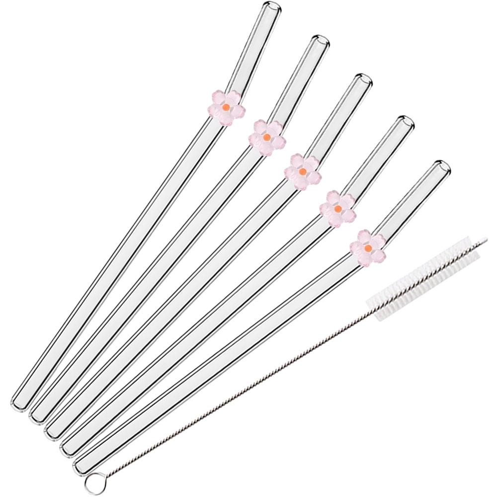 6Pcs Flower Drinking Straw Set High Borosilicate Glass Bent Straws Set with Brush Milk Shake Coffee Cocktail Straw Bar Drinkware