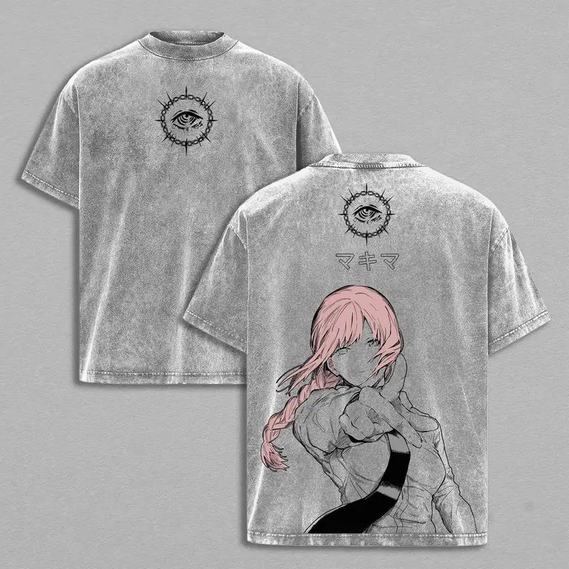 Makima Chainsaw Man Graphic T-shirt Manga Harajuku Washed Oversized T Shirt Men Women Clothing Cotton Short Sleeve Casual Tees