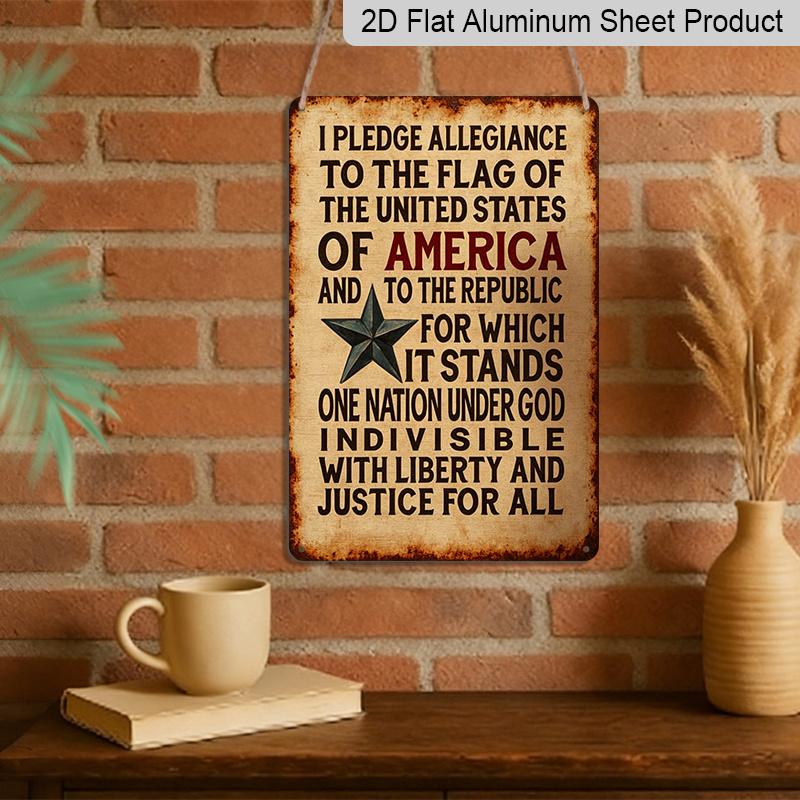 2D Flat, Vintage Aluminum Pledge of Allegiance To The United States Sign - Distressed Flag Wall Art with Stars & Stripes, Rustic Patriotic Home