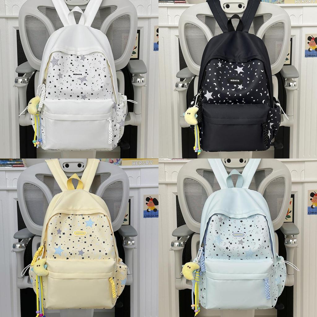 Nylon Girl Backpack With Star Print And Moon Pendant For Casual Travel