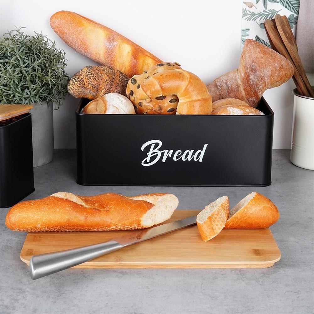 Black Metal Bamboo Bread Bin Kitchen Container for Bread