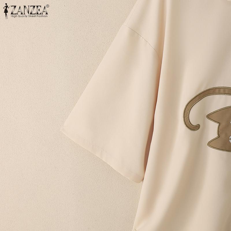 ZANZEA Damen Umlegekragen Locker Lässig Kurzarm Print Bluse