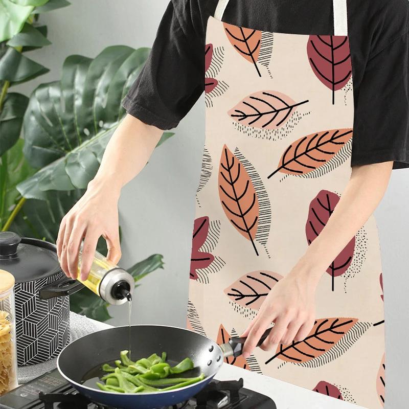 Flower Leaves Pattern Kitchen Aprons Home Cooking Linen Sleeveless Aprons Plants Style Household Sleeveless Cleaning Pinafore
