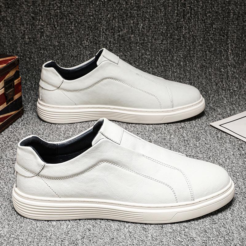 Men's Casual Slip-on Leather Loafers - British Style, Elastic Band, Versatile Youthful Design, White.