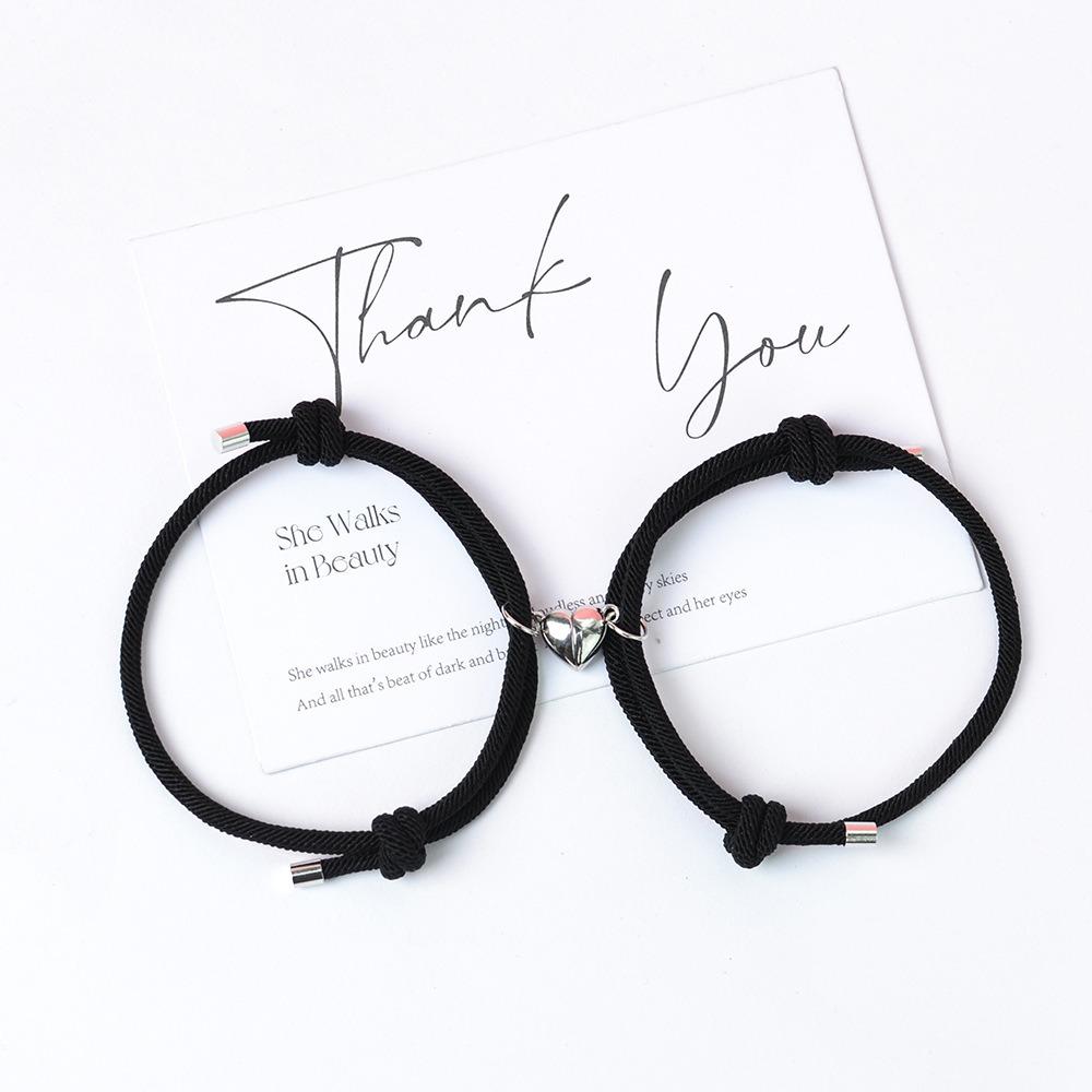 2 Pieces Set Fashion Black White Hand Rope Love Magnetic Couple Bracelet Best Friend Party Elegant Coppery Heart Charm Gift