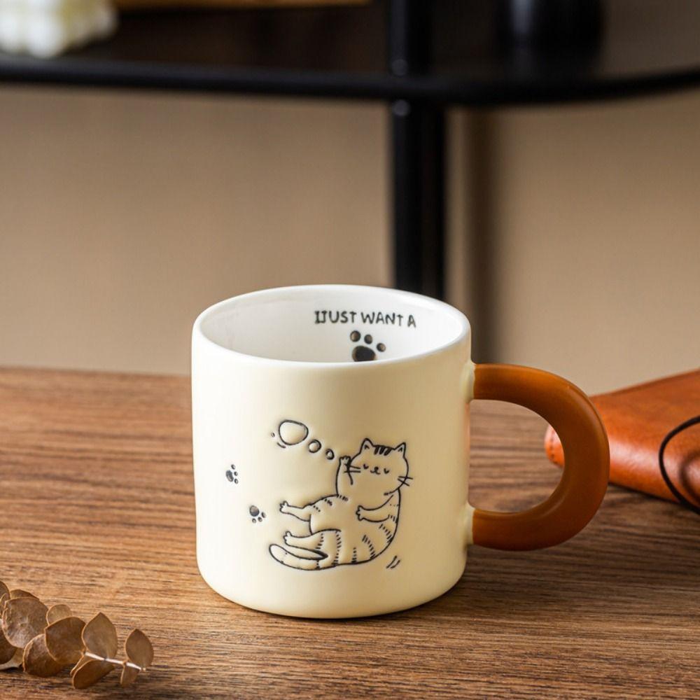 Cute Cat Pattern Cat Vintage Mug with Spoon Cartoon Cat Drinkware Ceramic Coffee Cup  Breakfast