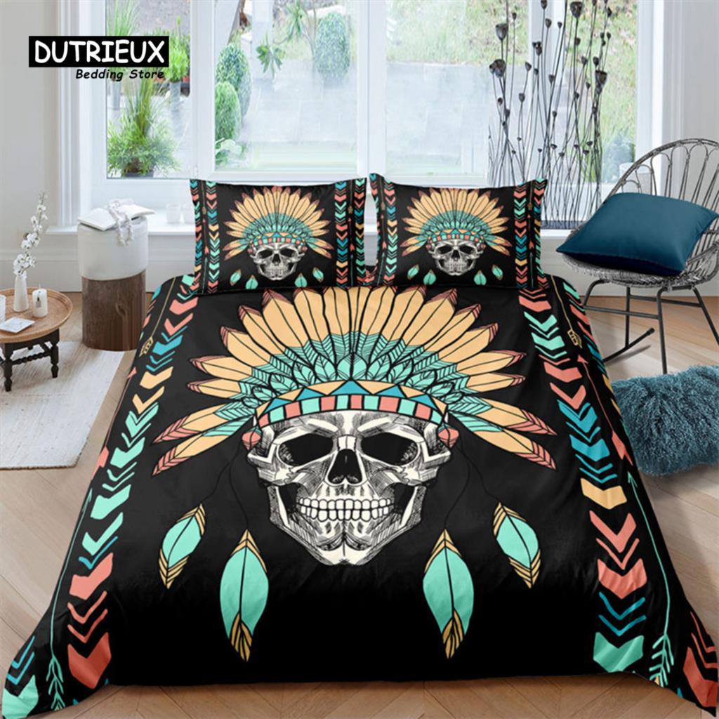 Colorful Sugar Skull Skeleton Quilt Cover Gothic Skull Bedding Set Queen Size Microfiber Horror Theme Feather Black Duvet Cover