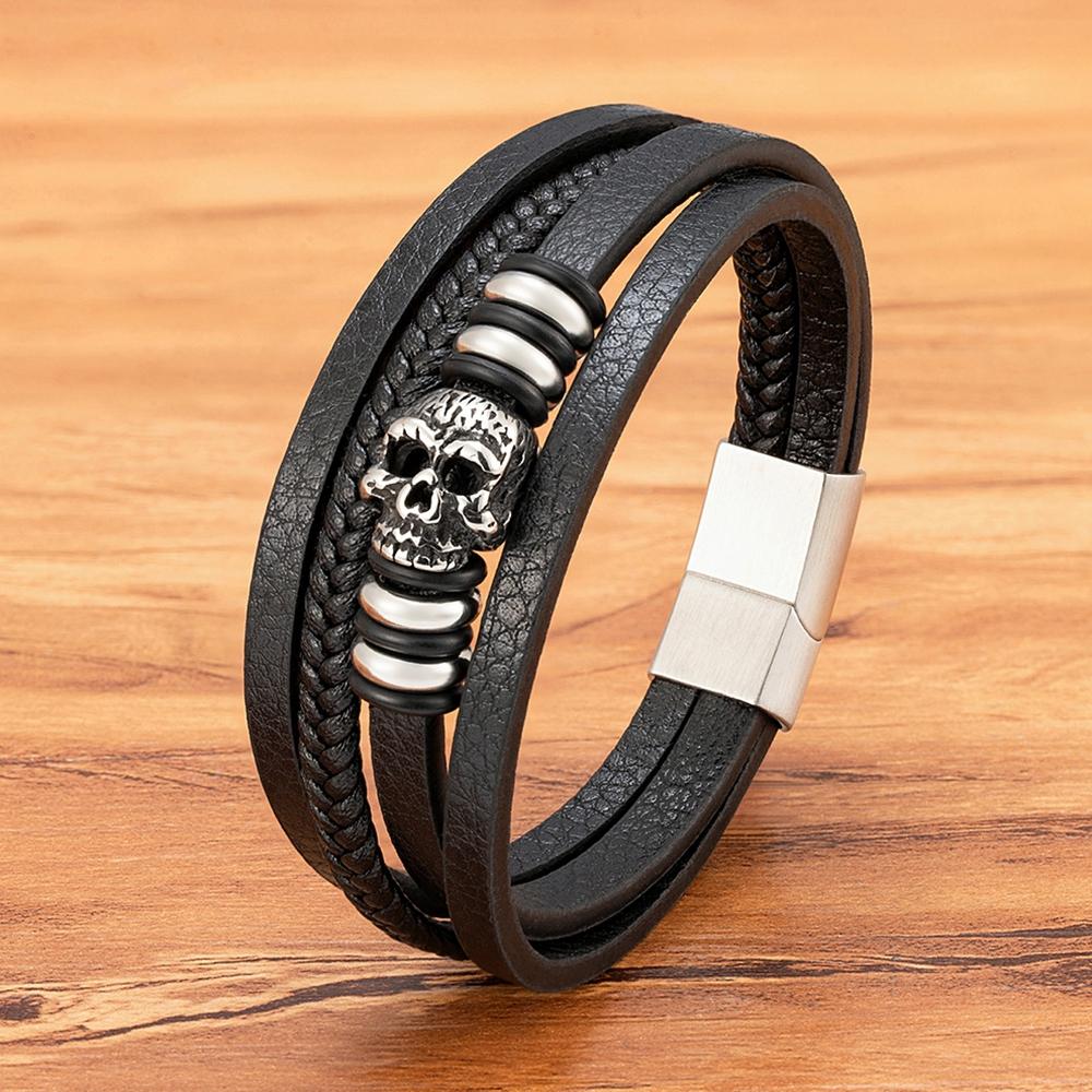 Fashion Men Bracelet Hand Homme Bracelets Woven Skull Hand Jewelry for Stainless Steel Magnet Clasp Leather Bangles Gift