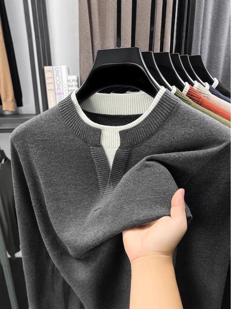 Men's V-Neck Faux Two-Piece Knit Sweater: Casual Long Sleeve Base Layer for Autumn & Winter