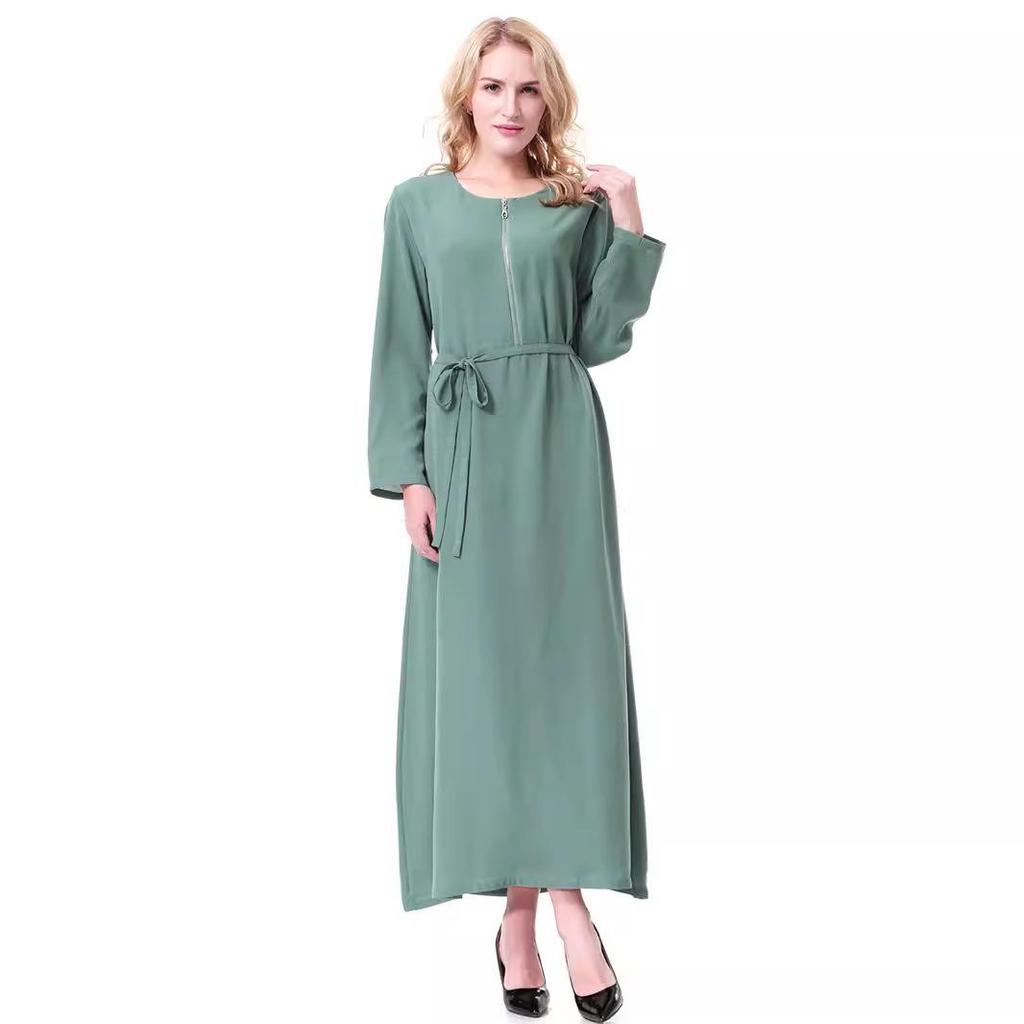 Women's Round Neck Solid Chiffon Zipper Long Dress, TH913