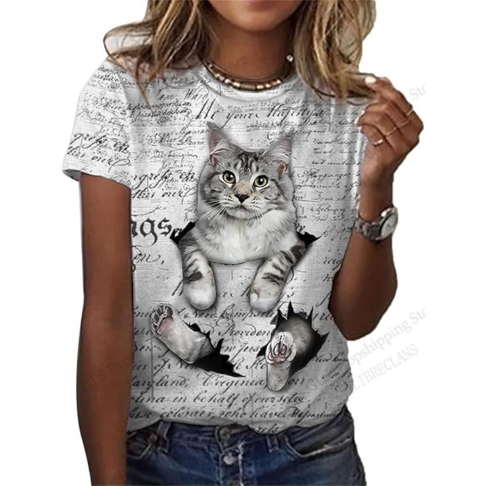 T-Shirt Cartoon Süßes Tier Katze Hübsch 3D-Druck T-Shirt Damen Mode Kurzarm Lässige Tops T-Shirts Damenbekleidung
