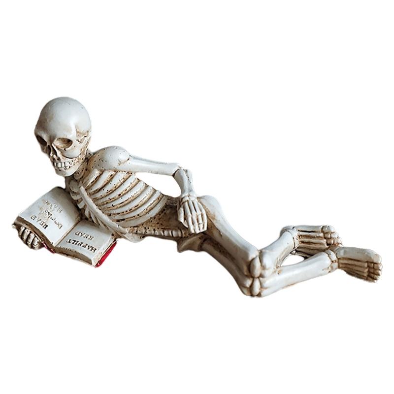 Reading Skull Figure Resin Statue Skeleton Reader with Book for Adding Character To Bookshelves and Office