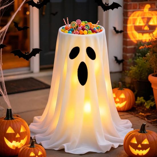 Decoração de Halloween Yousheng com Luz LED de 8 Modos com Controle Remoto, Tigela de Doces Fantasma com Suporte de Tripé, Porta-Doces Fantasma Fofo para a Frente
