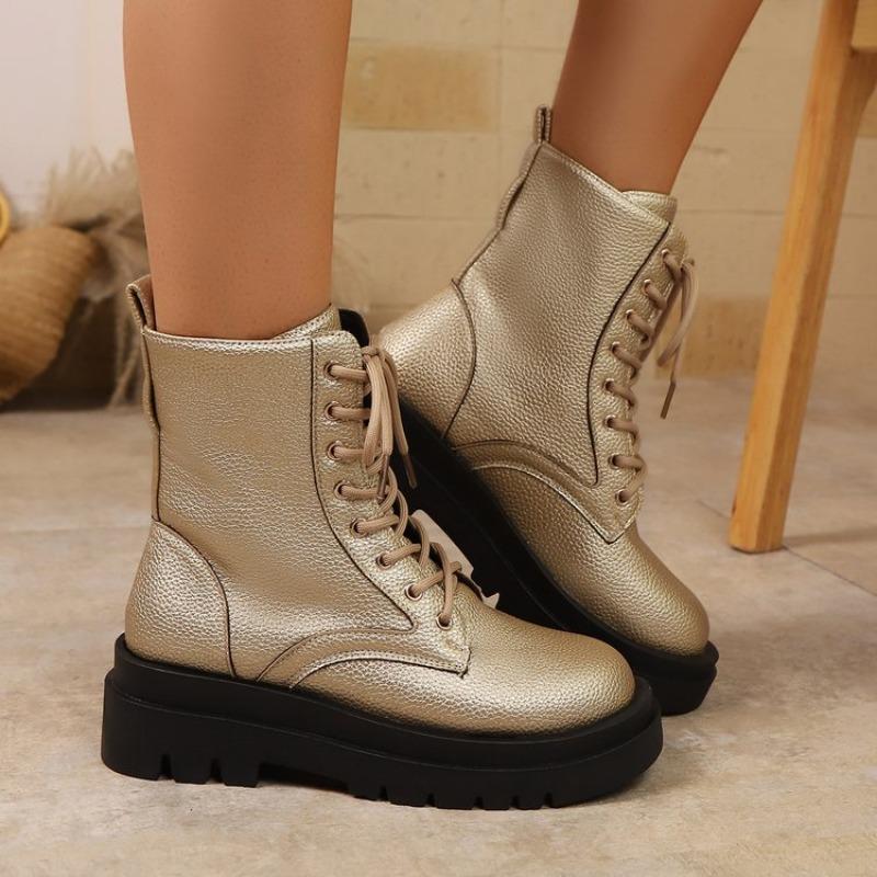 Fashion Short Thigh Boots Women's Fashion Round Toe Lace-Up Front Platform Anti-Slip Wear-Resistant Block Heel Boots