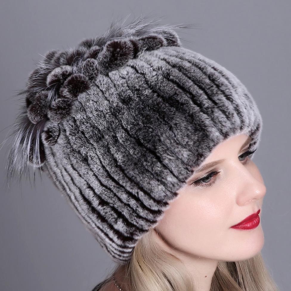 Colorful Rex Rabbit Fur Knitted Women's Warm Winter Hat
