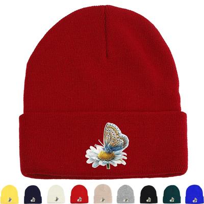 Blumen Schmetterling Warme Strickmütze Beanie, Insekten Damenmütze Bonbonfarbe Leichte Freizeit Bommelmütze Strickmütze Beanie