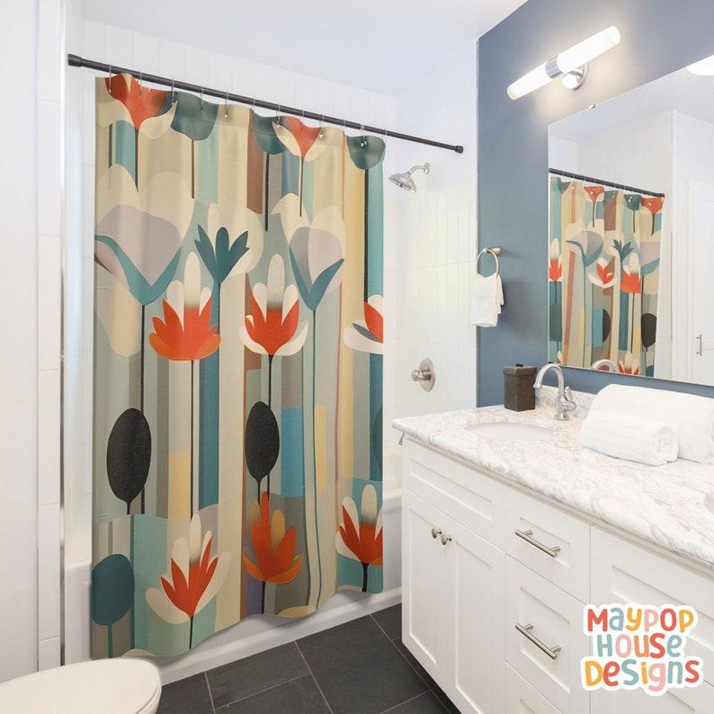 Retro Mid Century Modern Duschvorhang, Orange Türkis Beige Badezimmerdekor, Atomzeitalter Badezimmervorhang