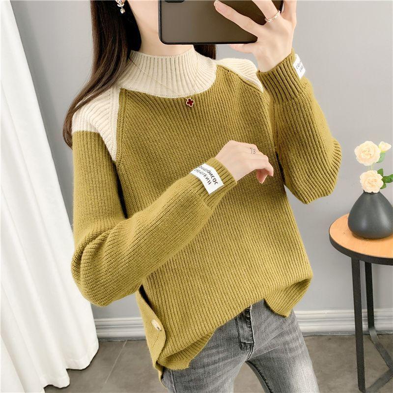 Damen Herbst und Winter Colorblock Rollkragenpullover Locker Modisch Vielseitig Basis Strick