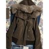 Winter American Vintage Fashion Harajuku Hooded Jacket Women Slim Brown Fur Collar Short Coat Casual Streetwear Chic Outerwear