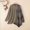 ZANZEA Women Stand Collar Long Sleeve Plaid Print Patchwork Irregular Pullover Tops