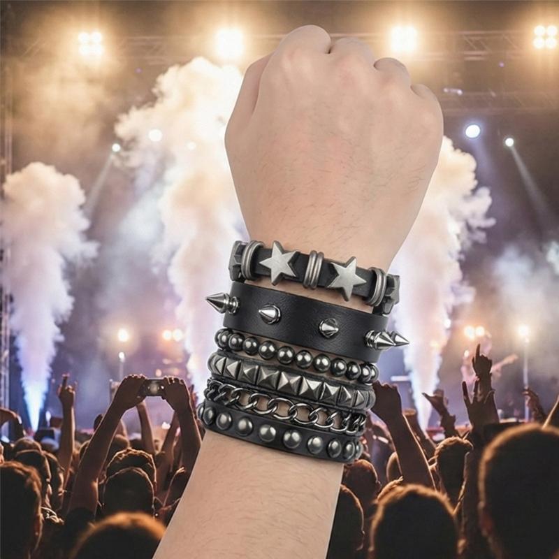 Pack of 4 Gothic Riveted Bracelets Leather Material Wrist Chains Comfort Fit for Concerts Themed Event and Daily Use