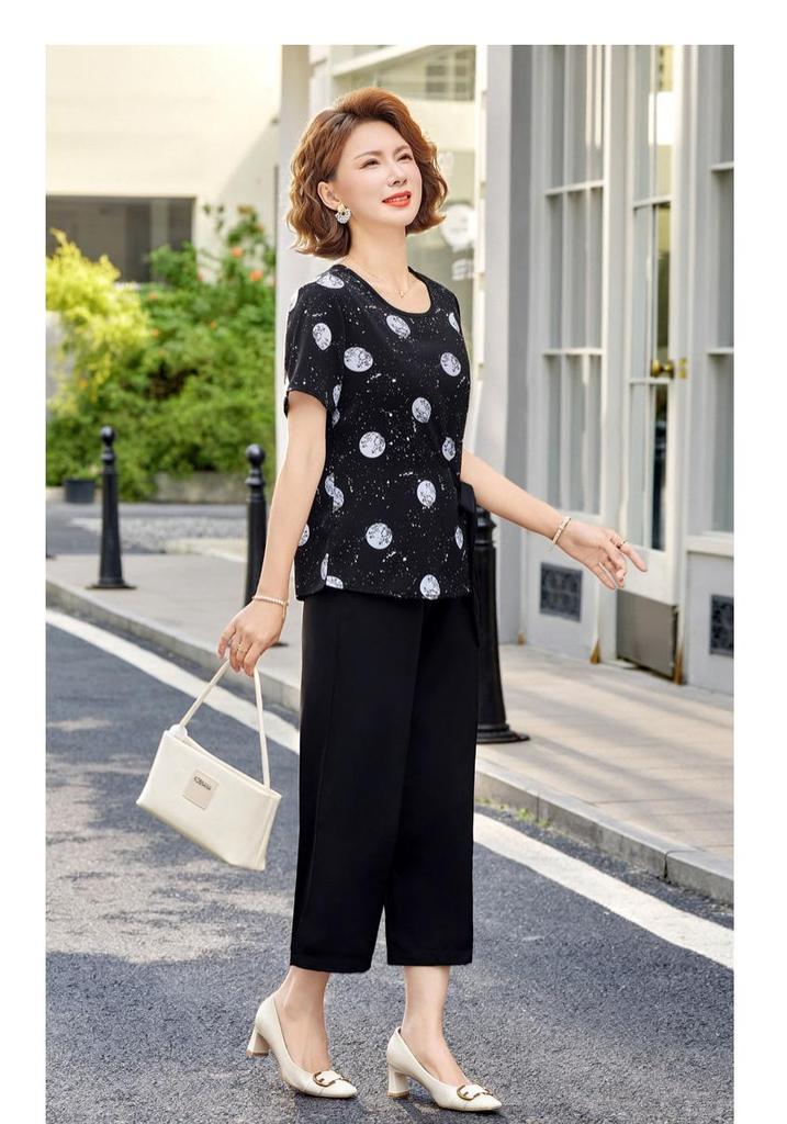 Summer Chinese Style Two-Piece Set: Short Sleeve Top & Wide Leg Pants for Middle-Aged Women