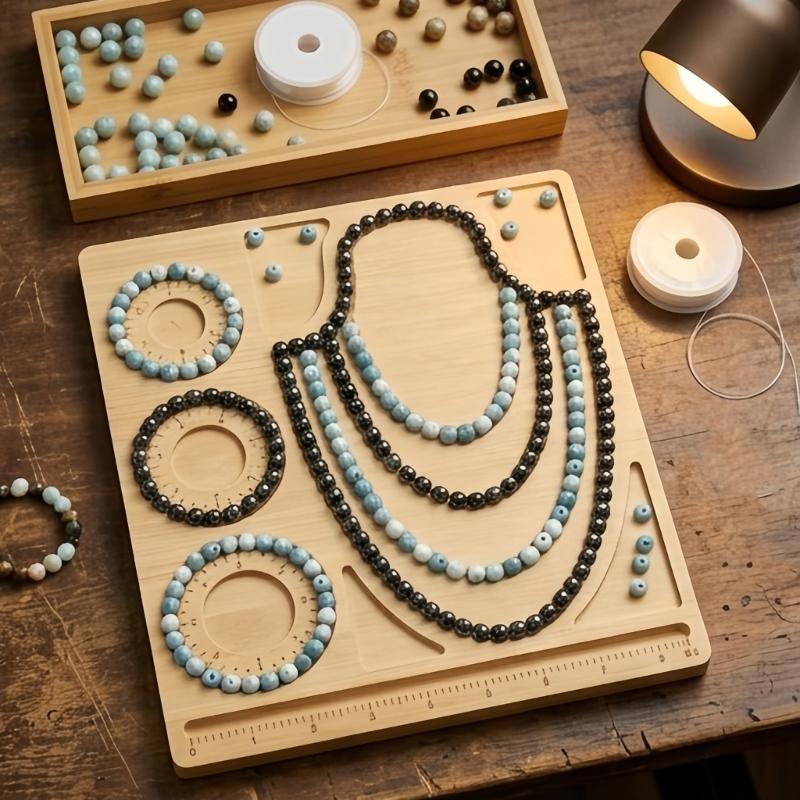 Placă de beading din lemn pentru bijuterii, pentru aranjarea brățărilor și colierelor, Tavă naturală pentru sortarea mărgelelor cu caneluri pentru creatori DIY