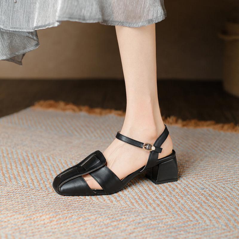 

New summer baotou back empty sandals casual women s high-heeled sandals solid color beef tendon sole large size shoes buckle women s shoes 39 чёрный