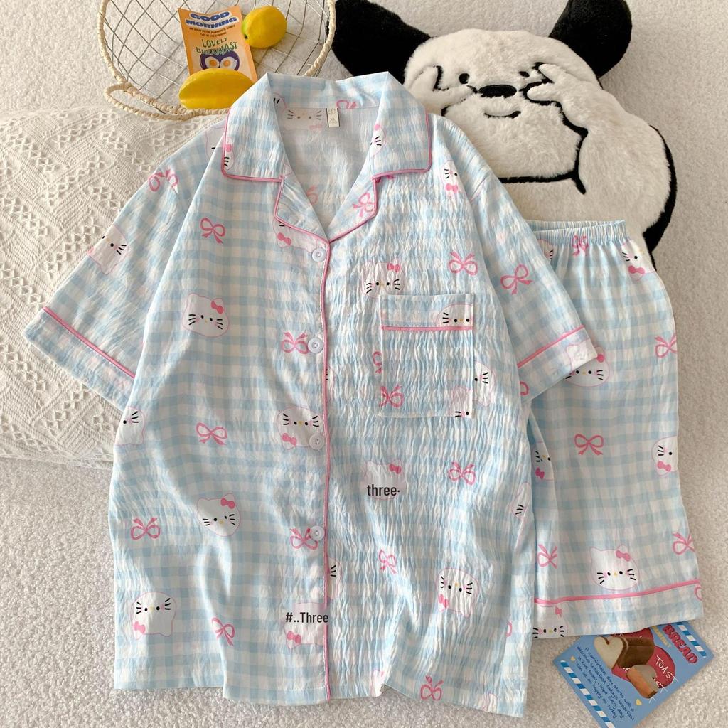 Women's Cartoon Cloud Cotton Pajama Set - Cardigan, Short Sleeve, Shorts, Home Wear