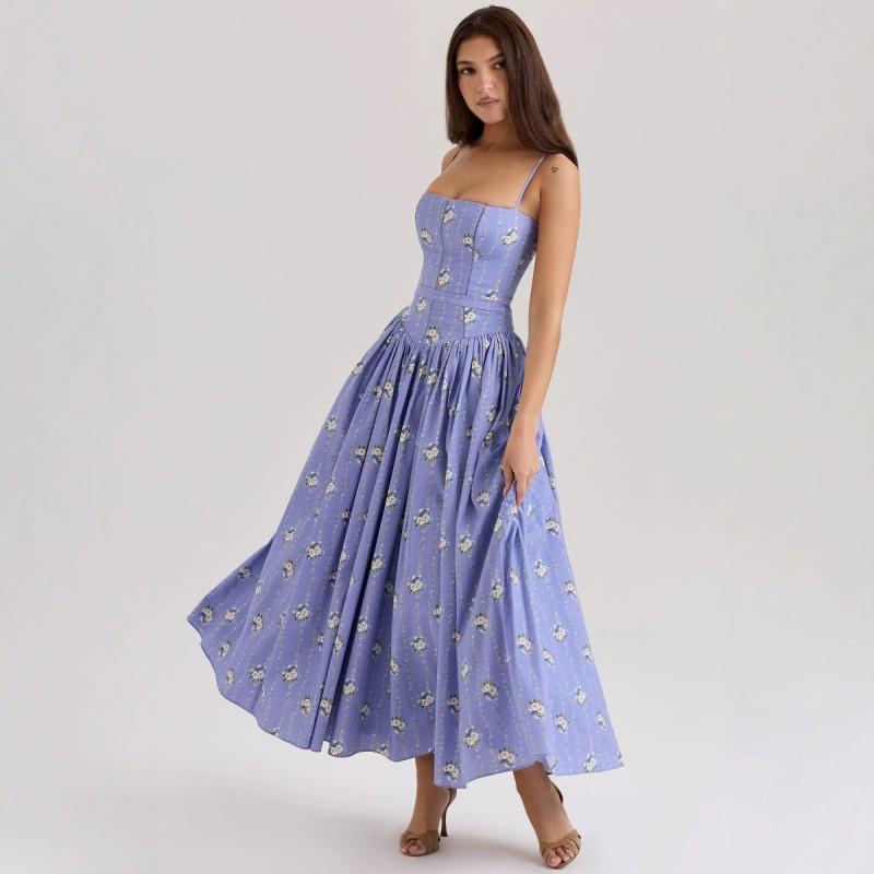 Floral Print V-Neck Ruched Sleeveless Mini Dress With Elastic Waist Women 2025 Small синий