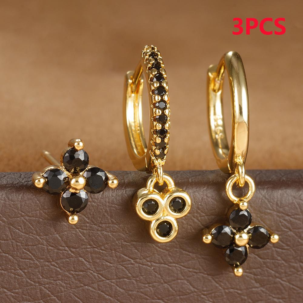 3PCS Vintage Stainless Steel Flowers Huggies Hoop Earrings Set For Women Black White Zircon Cartilage Piercing Fashion Jewelry