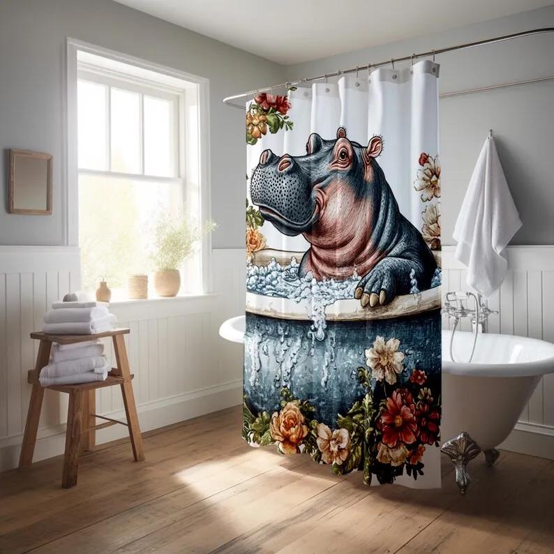 Rolig Hippoduschdraperi - Vattentät, Vintage Blommig Design, Blå Rosa Grön, Badkarsdekor för Lekfull Badrumsstil
