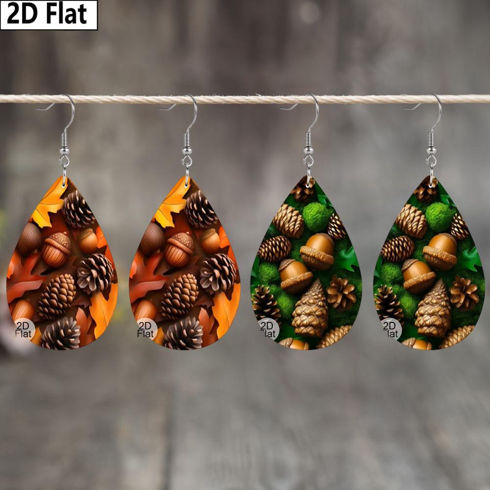 Autumn Thanksgiving/Christmas Gift Leather Women's Fashion Drop Earrings, Brown/Green Leaves Pinecone Patterned Design PU Earrings Jewelry for  Wear