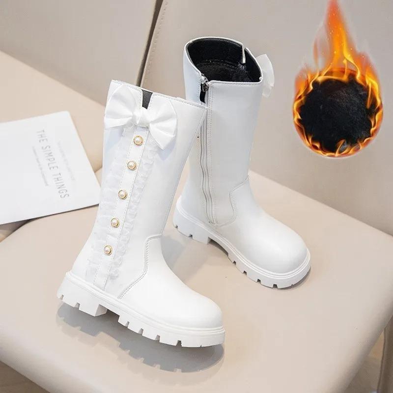 Autumn Winter Girls Boots Bow Lace Princess Shoes Outdoor Non-slip Child High Top Boots Windproof Waterproof Kids Casual Shoes