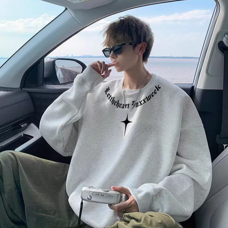 Men's Fleece-Lined Cotton Hoodie, Round Neck, Loose Fit, Plus Size, Spring & Autumn Layer, Trendy Winter Wear.